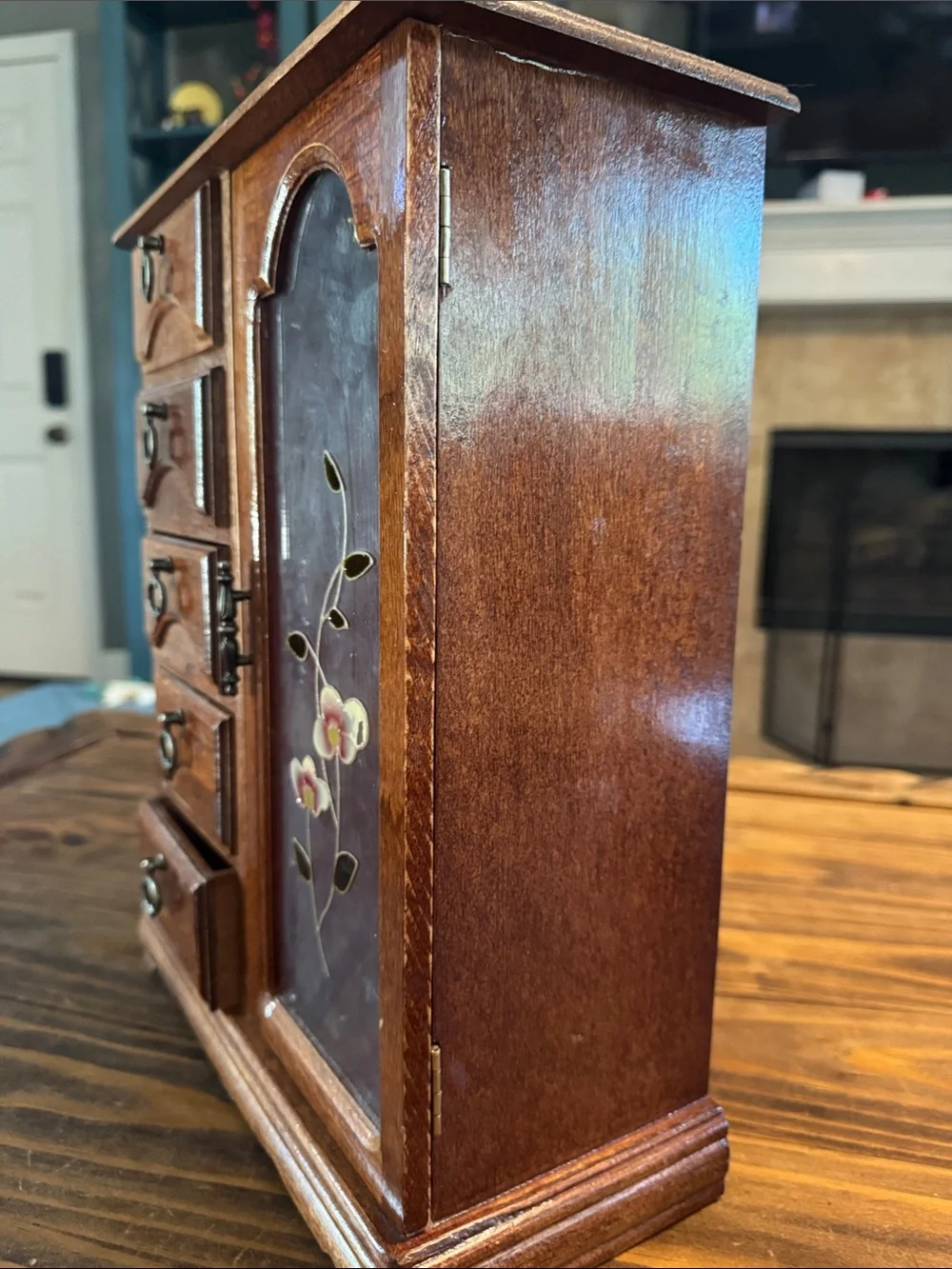 Wood Finish Jewelry Armoire with Floral Glass Door